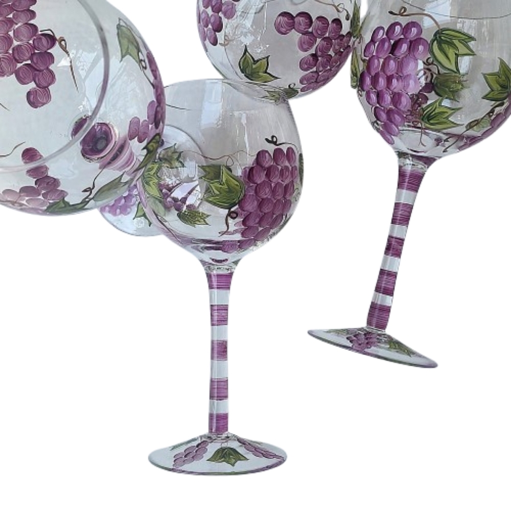 Cottagecore Handpainted Purple Grape Cluster Coquette Set Of Four Wine Goblets